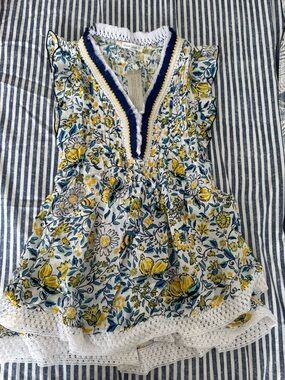 Poupette St. Barth Floral Ruffled Girls Mini Sasha Dress in Yellow, Blue, White